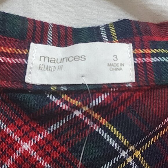 Maurices Red Green Plaid Button Front Chest Pockets L/S Top Plus Size 3 3X New - Picture 3 of 5